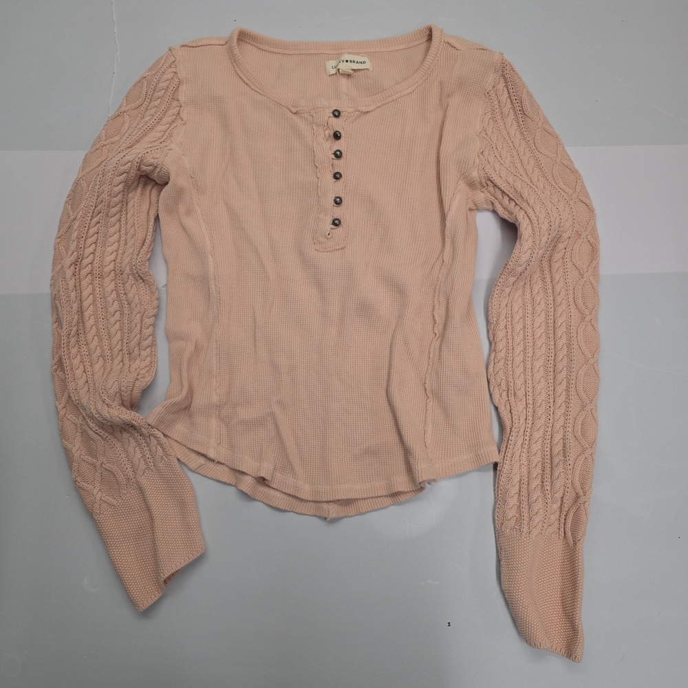 Lucky Brand Womens Pink Waffle Knit Cable Sleeve Henley Top Size L